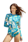 AXESEA Womens Long Sleeve Rash Guard UV UPF 50+ Sun Protection Printed Zipper Surfing One Piece Swimsuit Bathing Suit - color: Green(yellow), size: 2