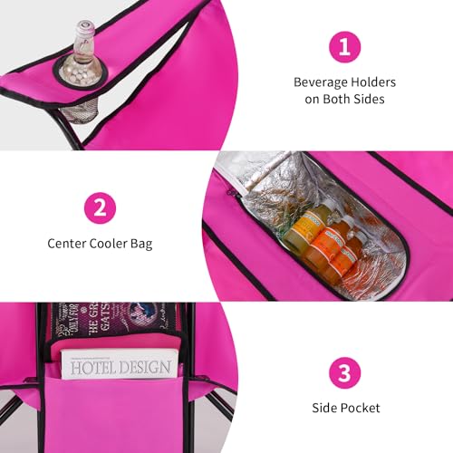 Goplus Double Camping Chair with Umbrella, Folding Loveseat Chairs w/Canopy Shade, Carrying Bag, Table, Cup Holder, Portable Beach Chairs Outdoor Picnic Patio (Pink) - color: Pink