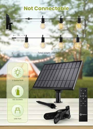Brightown 208FT Solar String Lights Outdoor Waterproof with Remote, Solar Patio Lights with 100 Shatterproof LED Bulbs, 3 Light Mode, Dimmable & Timer, Hanging String Lights for Porch Garden Bistro - size: 208FT G40