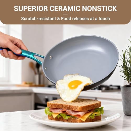 Ammeloo 17 Pcs Ceramic Cookware Set, Induction Pots and Pans Set Non Stick, Premium Colored Stay Cool Handle, Non Toxic PFOA PFOS Free, Oven Safe & Compatible with All Stovetops, Black - color: Fixed Colored Handle