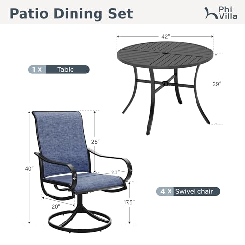 PHI VILLA 5 Piece Patio Dining Set with 4 Outdoor Swivel Dining Chairs & 1 Large Round Dining Table, All Weather Blue Textilene Mesh Fabric Chair and Round Metal Table for Deck Lawn Garden - color: Blue Fabric, size: 42" Dia x 28"H-5 Piece-Metal