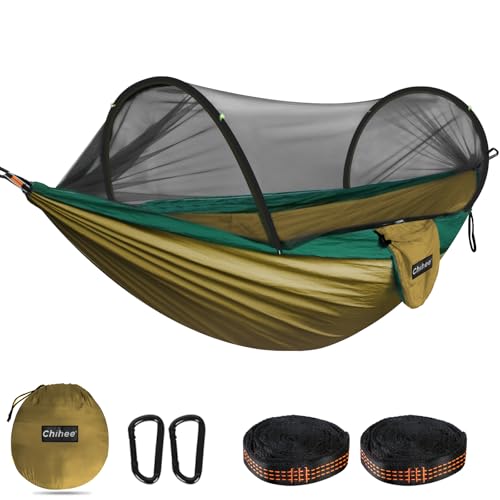 Chihee Ultra-Light Travel Camping Hammock Pop-up Net Hammock 660lbs Load Capacity,Breathable,Quick-Drying Parachute Nylon 2 Premium Carabiners,2 Tree Slings Included for Outdoor Backpacking Hiking - color: Camel/Olive Green