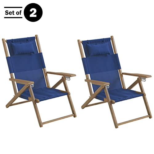 Lavish Home Set of 2 Beach Chair - Outdoor Weather-Resistant Wood Folding Chair with Backpack Straps - 4-Position Reclining Seat - Beach Essentials (Blue) - color: Blue, style: Set of 2