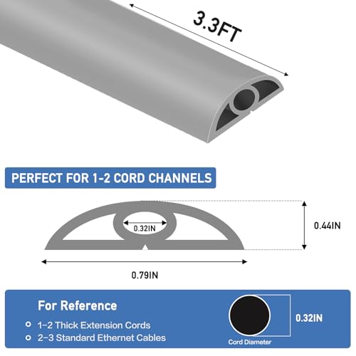 Floor Cord Cover Self Adhesive Cord Hider Floor Extension Cord Covers for Floor Power Cord Protector Cable Management Prevent Cable Trips Cable Cavity 0.32" W x 0.32" H (Grey, 3.3Ft) - color: Grey, size: 0.79" x 3.3'