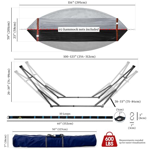 Tranquillo Combo x2 Hammocks with Stand for Outside & Tree Straps, Heavy Duty Hammock with Stand 600lbs for Indoor Outdoor Patio Backyard, x2 Hammocks for 2 Person (Combo - Grey, Medium) - color: Combo - Grey