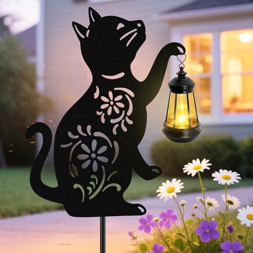 Solar Cat Hanging Lantern Outdoor, Black Cat Solar Lights, Cat Lover Gifts for Women Mom Grandma Birthday,Mother's Day,Waterproof Garden Ornaments Decor Outside Backyard,Patio,Pathway - color: Cat-Warm White-1 Pack