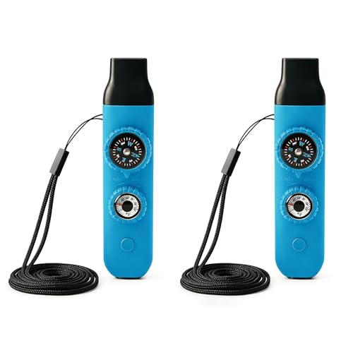 Multifunctional Survival Emergency Whistle for Kids with Compass Hiking Survival, Thermometer & Neck Lanyard | Emergency Safety Gear for Hiking, Camping, Kayaking, Boating, Climbing - color: bule2pcs