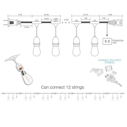 Banord White Outdoor String Lights, 96FT Commercial Grade Patio Lights with 30 1W S14 Dimmable Shatterproof LED Bulbs, Heavy Duty Hanging Lights for Outdoor, Waterproof String Lights (2x48FT) - color: White, size: 96ft