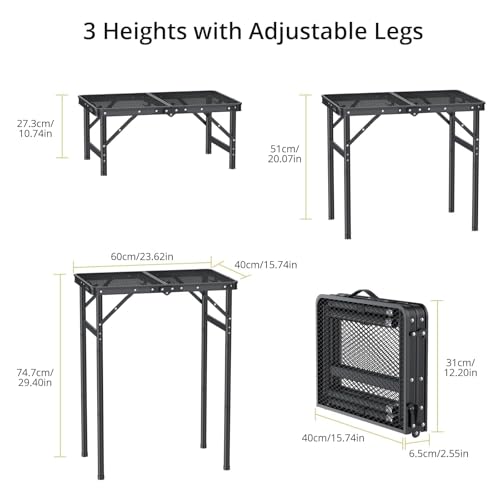 Anbte 2ft Folding Grill Table Max 29.5", 3 Adjustable Height Lightweight Camping Table with Heat-Resistant Mesh Tabletop Portable Handle, Waterproof, for Cooking BBQ Outdoor, 22.8" X 16", Black - size: 24"L x 16"W x 29.5H"