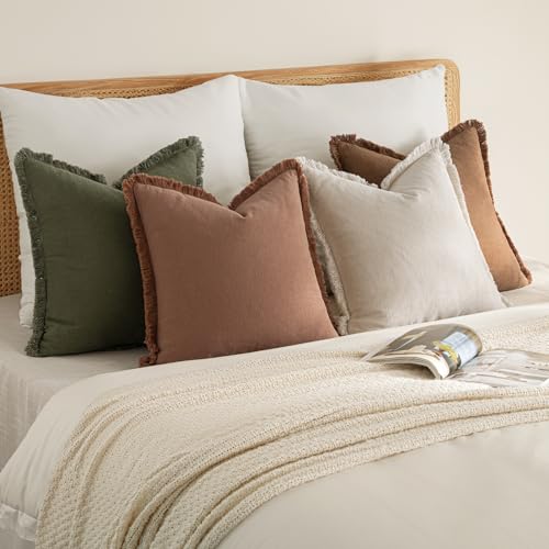 MIULEE Decorative Couch Pillow Covers Neutral Linen Fringe Throw Pillows Set of 4 Soft Rustic Cushions Boho Farmhouse Pillowcases for Bed Sofa Living Room Spring Decor 18x18 Inch Beige/Brown/Green - color: Brown Green, size: 18" x 18" (Pack of 4)