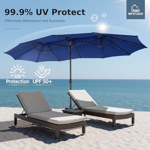 MFSTUDIO 15ft Double Sided Patio Umbrella with Solar Lights, Outdoor Large Umbrellas with Crank Handle and 36 LED Lights, Rectangular Market Umbrella with Base Included for Deck Pool Shade, Haze Blue - color: Haze Blue