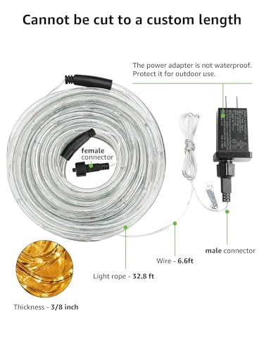 LE 33ft 240 LED Rope Lights Outdoor 24 Volts, 3/8 inch Clear Tube, Upgraded 2700K Warm White, Connectable (Up to 3 Sets), Not Dimmable, Waterproof String Lights for Patio Deck Railing Stair Landscape - color: Warm White