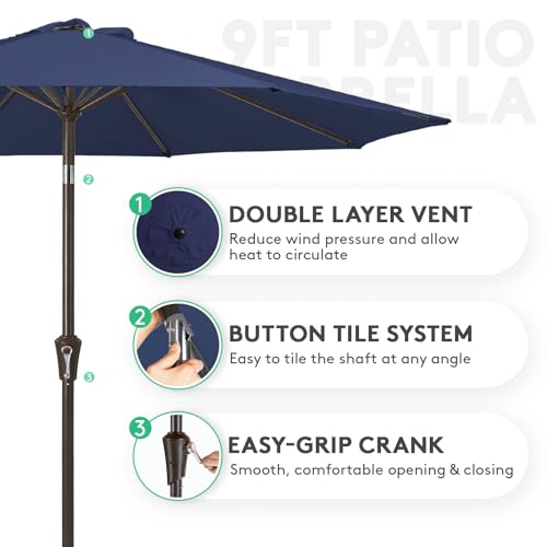 JEAREY 9FT Outdoor Patio Umbrella Outdoor Table Umbrella with Push Button Tilt and Crank, Market Umbrella 8 Sturdy Ribs UV Protection Waterproof for Garden, Deck, Backyard, Pool (Deep Blue) - color: Deep Blue