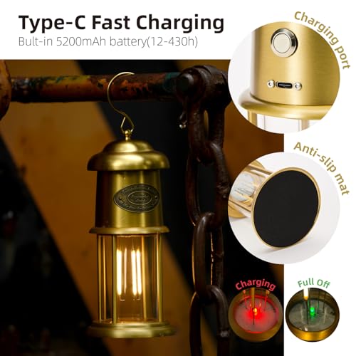 Metal Vintage LED Camping Lantern, 5200mAh Rechargeable Battery Last 12-430 Hours Camping Lamp, 3 Modes Hanging Lantern, Retro Camping Light for Courtyard Outdoor Decoration - style: Retro Brushed Brass
