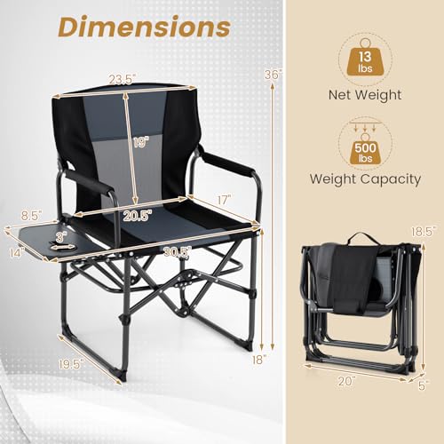 Goplus Folding Camping Chair, 2 Pack Heavy-Duty Director Chair with Side Table & Cup Holder, Portable Padded Chair with Carrying Bag for Picnic Beach Fishing Sports, Supports up to 500 LBS - color: Grey