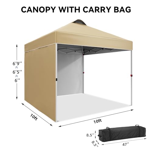 10 x 10 Pop Up Canopy, All Season Instant Canopy with 2 Sidewalls and Vented Roof, Portable Party Tent with Wheeled Carry Bag and Sandbag for Camping, Picnic, Party, Khaki - color: Khaki, size: 2 Side Walls
