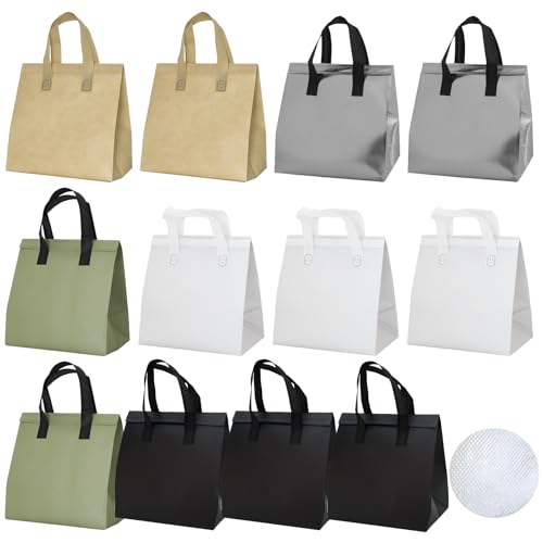 12Pcs Insulated Lunch Bag Disposable Cooler Bag Thermal Grocery Take Away Bags for Food Delivery Party Drink Picnic Holiday, 5 Colors - color: Black, White, Brown, Matcha Green, Silver, size: 10.24"(H) x 10.24"(L) x 6.7"(W)