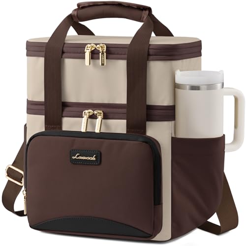 LOVEVOOK Insulated Lunch Bag For Women Men,Expandable Double Deck Lunch Box With Large Cup Holder,Leakproof Cooler Bag For Adult Lunch Tote Bag Work Picnic Beach with Adjustable Shoulder Strap Gift - color: Dark Brown Contrasting Color, size: Large —15l