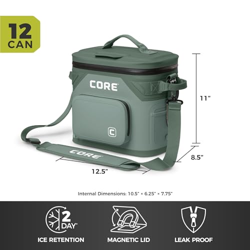 CORE Magnetic Leak Proof Soft Cooler with Waterproof Zipper | Insulated Bag Portable Ice Chest Box | Best Soft Cooler for Food & Beverages for Tailgating, Car Camping, Travel, and Family Beach Picnics - color: Sage, size: 12 Can