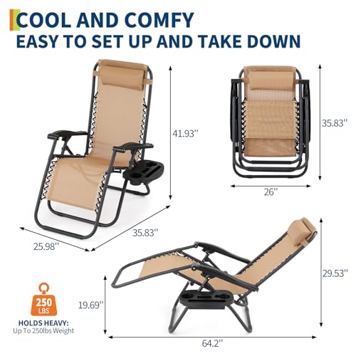 Garvee Camping Chairs Set of 2, Patio Lounge Chair Outdoor with Pillows & Cup Holder Trays, Adjustable Folding Patio Lawn Chair for Deck,Beach, Yard Khaki - color: #Black