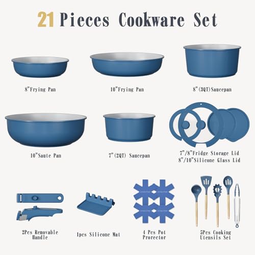 Umite Chef Pots and Pans Set Non Stick, 21 pcs Ceramic Cookware Set with Detachable Handles, Healthy Induction Cookware Oven Safe RV Kitchen Cooking Set with Utensils, PFAS PFOA & PTFE Free, Navy - color: Navy