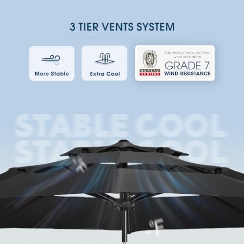 wikiwiki 9ft 3-Tier Patio Umbrella Outdoor Table Market Umbrella for Patio with Push Button Tilt/Crank, Fade Resistant Waterproof POLYESTER Canopy for Garden, Lawn, Deck, Backyard & Pool, Black - color: Black, size: 9 FT