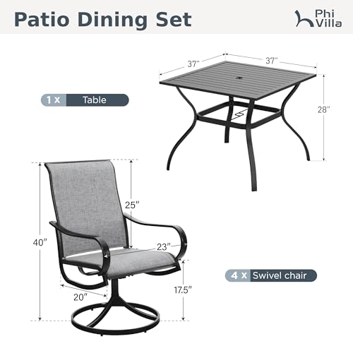 PHI VILLA 5 PCS Patio Dining Set with Outdoor Swivel Dining Chairs (Gray) and 37"x 37" Metal Steel Dining Table, All Weather Patio Dining Furniture Set for Poolside Deck Lawn Garden - color: Grey Fabric, size: 37"L x 37"W x 28"H-5 Piece-Metal