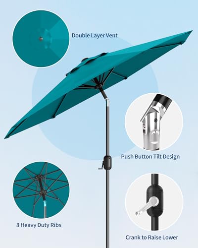 GarveeLife Outdoor Patio Umbrella, Table Market Umbrella with Push Button Tilt and Crank, 8 Sturdy Ribs UV Protection Waterproof for Garden, Deck, Backyard, Pool - color: Turquoise Blue, size: 9FT