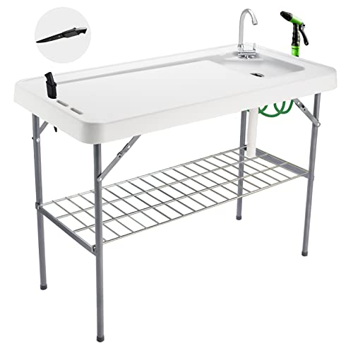 Folding Fish Cleaning Table Portable Camping Sink Table with Faucet Drainage Hose & Sprayer Outdoor Fish Fillet Cleaning Station with Grid Rack & Knife Groove for Picnic Fishing, Grey - style: A Sink-Grey