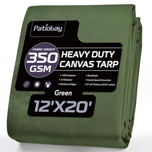 Canvas Tarp 12x20 Feet, 12 Oz Heavy Duty Water Resistant with Rustproof Grommets, UV Resistant, Multipurpose Outdoor Tarpaulin for Camping, Canopy, Woodpile, Trailer (Green) - color: Green, size: 12x20