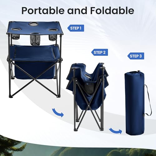 Portable Outdoor Folding Camping Table with 4 Cup Holders & Cooler Compartment, Waterproof Picnic Table for Picnic, BBQ, Beach, Hiking (Dark Blue, 1 PCS) - color: Dark Blue