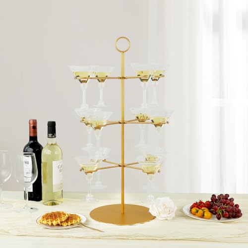 QPIX DIGITAL Champagne Tower,Metal Cocktail Tree Stand 3 Tier - 12 Holders For Champagne, Cocktails, Martini, Margarita Cups at Weddings,Bridal Parties & Events,Cocktail Glass Gold Holder - color: Gold, size: 24"x 13"-12 Holders