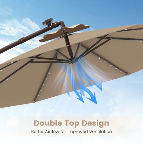 Tangkula 10FT Offset Patio Umbrella with Base Included, Outdoor Cantilever Umbrella with 40 Solar LED Lights, Tilt Adjustment, Crank Handle, Vented Top, Sand Bags for Pool Yard Deck (Tan) - color: Tan