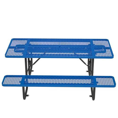 72 Inch Commercial Outdoor Picnic Table, Heavy Duty Rectangle Steel Patio Furniture Set with Bench Seats & Umbrella Hole, Weather Resistant Mesh Metal Dining Table for Backyard, Lawn, BBQ, Garden,Blue - color: Blue