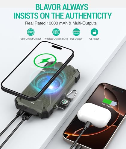 BLAVOR Solar Power Bank 10,000mAh, Portable Wireless Charger, 20W Fast Charging External Battery Pack with USB C for Cell Phones, Solar Panel Charging with Dual Flashlight for Camping - color: Olive Green