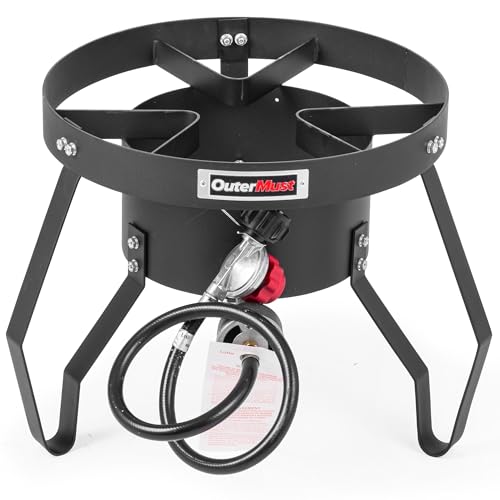 85000 BTU Camping Stove for Cast Iron Dutch Oven,Single Propane Burner with 10 PSI Regulator & Cast Iron Braided Holes, Heavy Duty Round Gas Stove for Outdoor Cooking & Camping - size: Single Burner - Standard