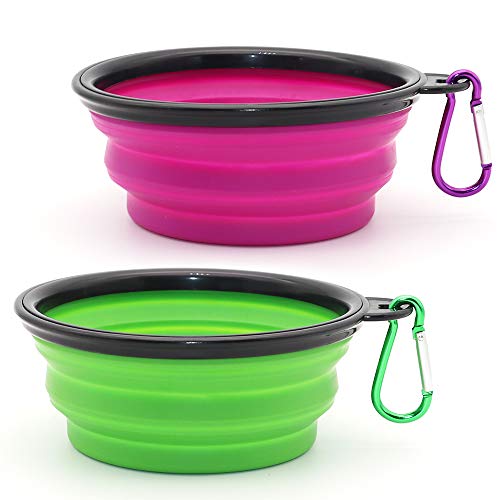 Dog Bowl Pet Collapsible Bowls, 2 Pack Collapsible Dog Water Bowls for Cats Dogs, Portable Pet Feeding Watering Dish for Walking Parking Traveling with 2 Carabiners (Small, Green+Purple) - color: Green+Purple, size: Small