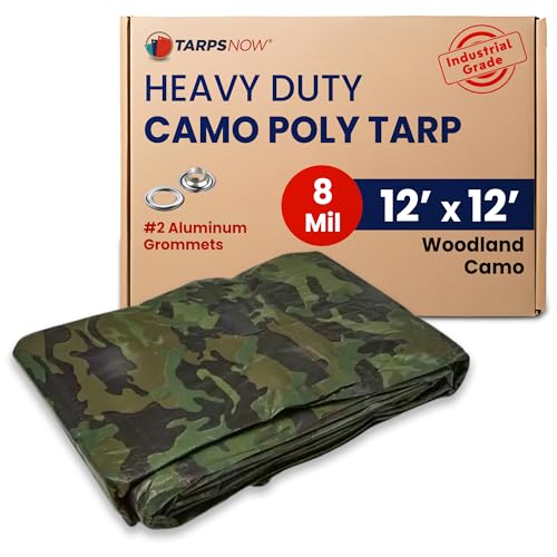 Tarps Now 12x12 ft Heavy Duty Camo Tarpaulin – 8 MIL Waterproof Camouflage Plastic Tarps with Aluminum Grommets, Reinforced Edges & Tear Resistant Cover for Camping, Roofing, Construction, Outdoor Use - size: 12' x 12'