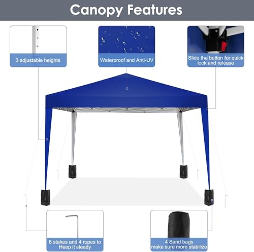 COBIZI Canopy 10x10 Pop Up Canopy Tent Party Tents for Parties Weddings Backyard Waterproof Canopy Outdoor Commercial Canopy Event Tent with Stakes, Ropes, Sandbags, Deep Blue - color: DEEP BLUE, size: 10x10FT without sidewall