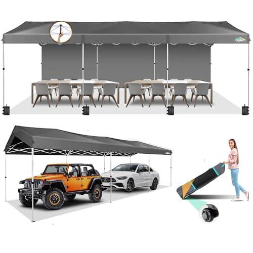 COBIZI Carport 10x30 Pop Up Canopy Car Tent with One Push Center Lock, Outdoor Portable Garage Tents for Parties UPF50+ Waterproof All-Season Car Canopy with Wheeled Bag,3 Sidewalls, Adjustable Height - color: Gray, size: 10x30 FT