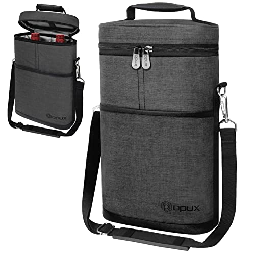 opux 2 Bottle Wine Carrier Tote, Insulated Leakproof Wine Cooler Bag, Wine Travel Bag for Picnic BYOB Beach, Portable Wine Bottle Carrying Case, Gift for Wine Lover Women Men Christmas, Charcoal Grey - color: Charcoal