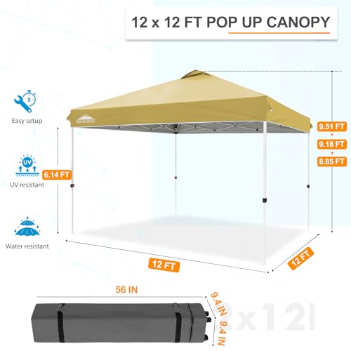 EAGLE PEAK Pop Up Canopy Tent with Wheeled Carry Bag, 8 Stakes, 4 Ropes, 4 Weight Bags, Easy Set Up Tent Canopy, 12x12 ft, 144sqft of Shade, Beige - color: Beige, size: 12x12