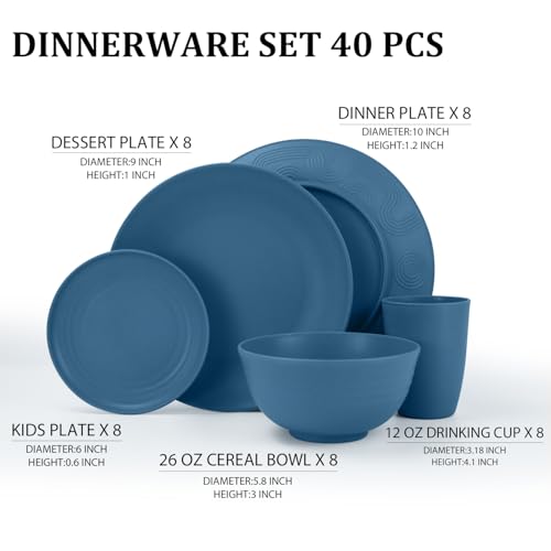 40-Piece Wheat Straw Dinnerware Sets,Unbreakable Dishes Set for 8 - Drinking Cups, Plates and Bowls Sets, Reusable Microwave Safe Dinnerware Set for Home, Outdooor, RVs - Blue - color: Blue, size: 40 PCS