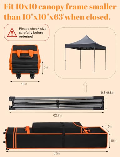 10 x 10 x 63 Inch Tent Bag Replacement Part, Canopy Bag Tent Storage Bag Designed for 10 x 10 Pop-up Tents, Comes with Handles and Rollers for Easy Carrying, 800D Waterproof Oxford Fabric - style: 63*10*10 in
