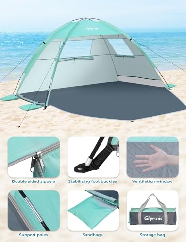 Glymnis Beach Tent Sun Shelter for 4 Person with UPF 50+ UV Protection, Lightweight & Easy Setup Beach Shade Canopy with Vent Windows & Zippered Door - Green - color: Green, size: 4 Person