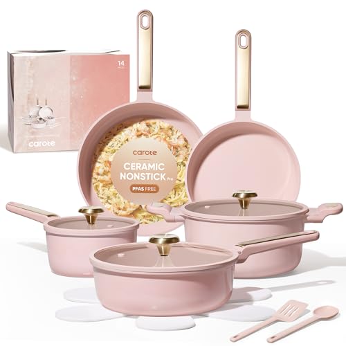 CAROTE Ceramic Cookware Set Nonstick, 14pcs Pots and Pans Set Nonstick, Non-Toxic & PFAS-Free, Dishwasher, RV/Camping Cookware Set, Cooking Pots with Lids, Pink Blush - color: Light Pink