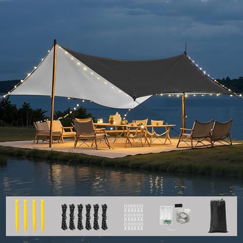 Rhino Valley Waterproof Tent Tarp, 9.8 × 9.8 Ft Large Outdoor Shelter Cover with Light Strings, Lightweight Portable Tarp Shelter Rain Tarp Camping Canopy for Hiking Traveling Backpacking - color: Black