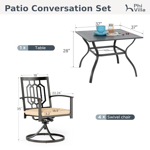 PHI VILLA 5 Pieces Outdoor Dining Set for 4, 37" Black Square Wrought Iron Table with Umbrella Hole & Metal Swivel Chairs with Cushions, Outside Furniture for Patio, Deck, Yard, Porch - color: Hexagon Back Swivel Chair, size: 5PCS-37" Steel Table