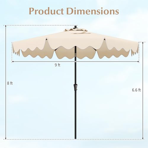 Tangkula 9Ft Patio Umbrella with Crank, 2-Tier Outdoor Umbrella with Push Button Tilt, Sun-Protective Canopy, 8 Ribs, Scalloped Patio Umbrella for Outdoor Beach Deck Pool Table (Beige) - color: Beige, size: 9Ft