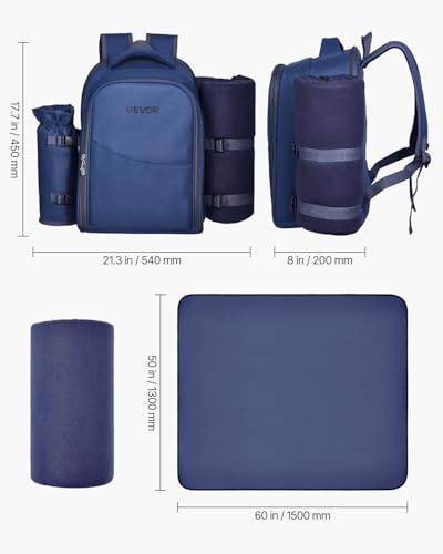 VEVOR Picnic Backpack, Beach Picnic Backpack Bag for 2 Person with Insulated Cooler Compartment, Detachable Bottle/Wine Holder, Lightweight Blanket, Plates & Cutlery Set for Hiking, Camping, Navy Blue - size: single layer for 2 & blue